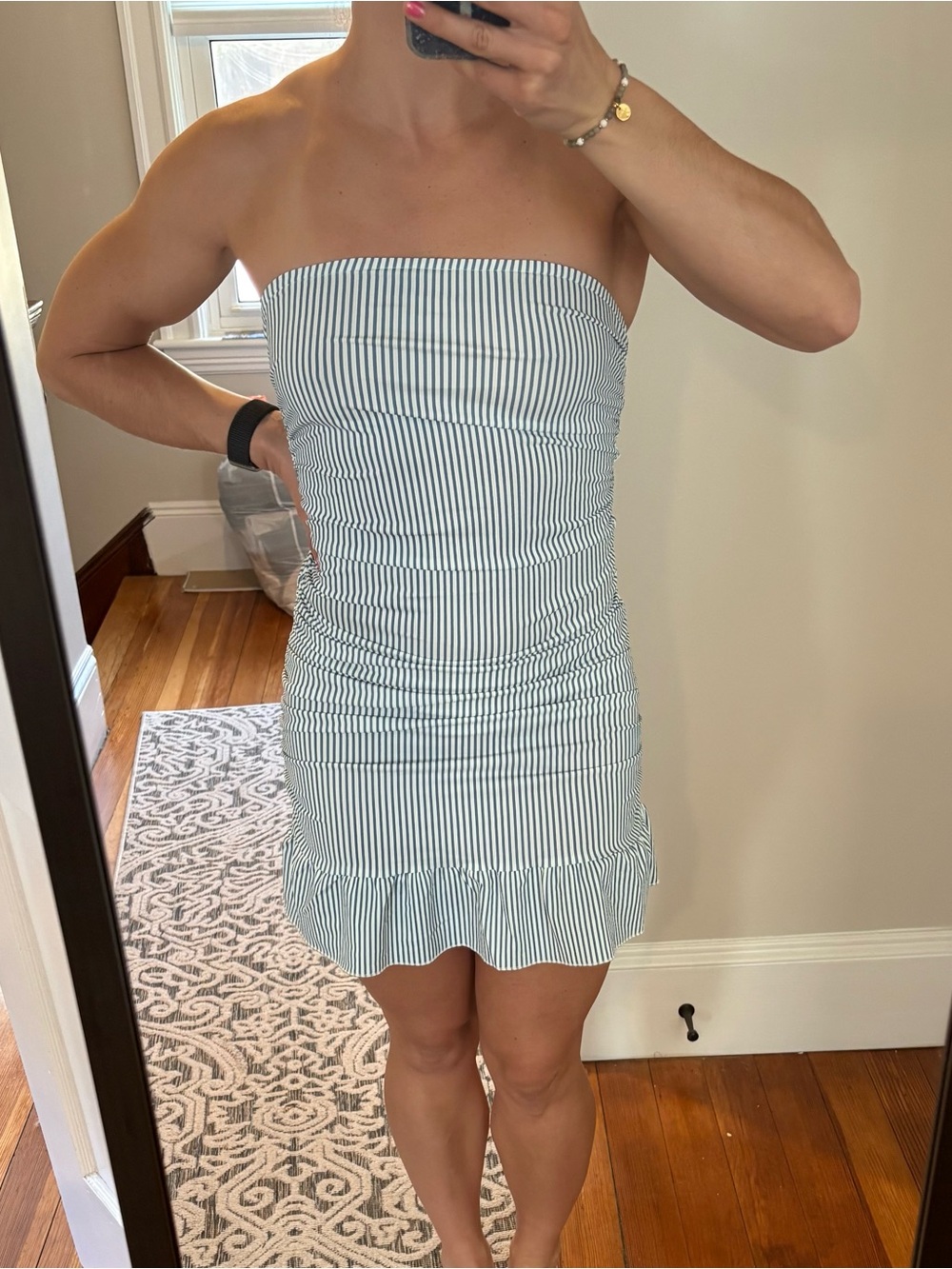 Edikted Blue and White Striped Strapless Ruffle Hem Mini Dress